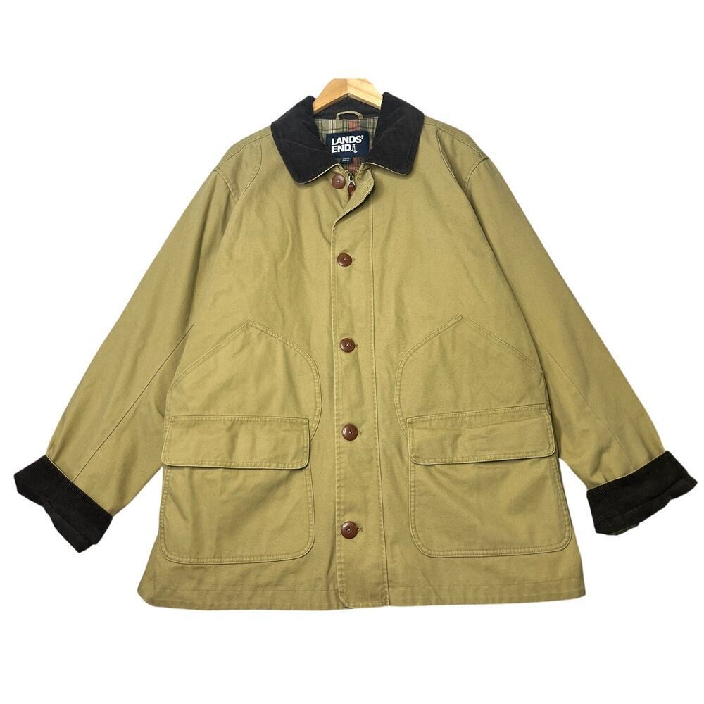 Lands' End Canvas Flannel Lined Corduroy Collar Tan Brown Chore Jacket Men's XL